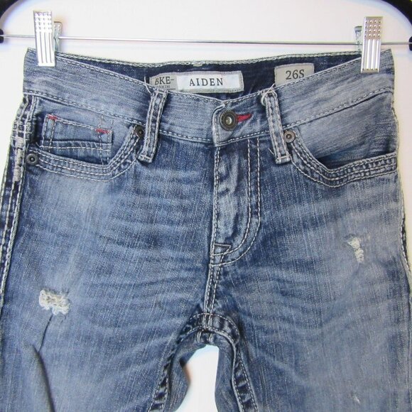 BKE Denim Jeans Aiden Distressed Bootcut Slim-fit Blue Grunge Women's 26 Short - Picture 2 of 7